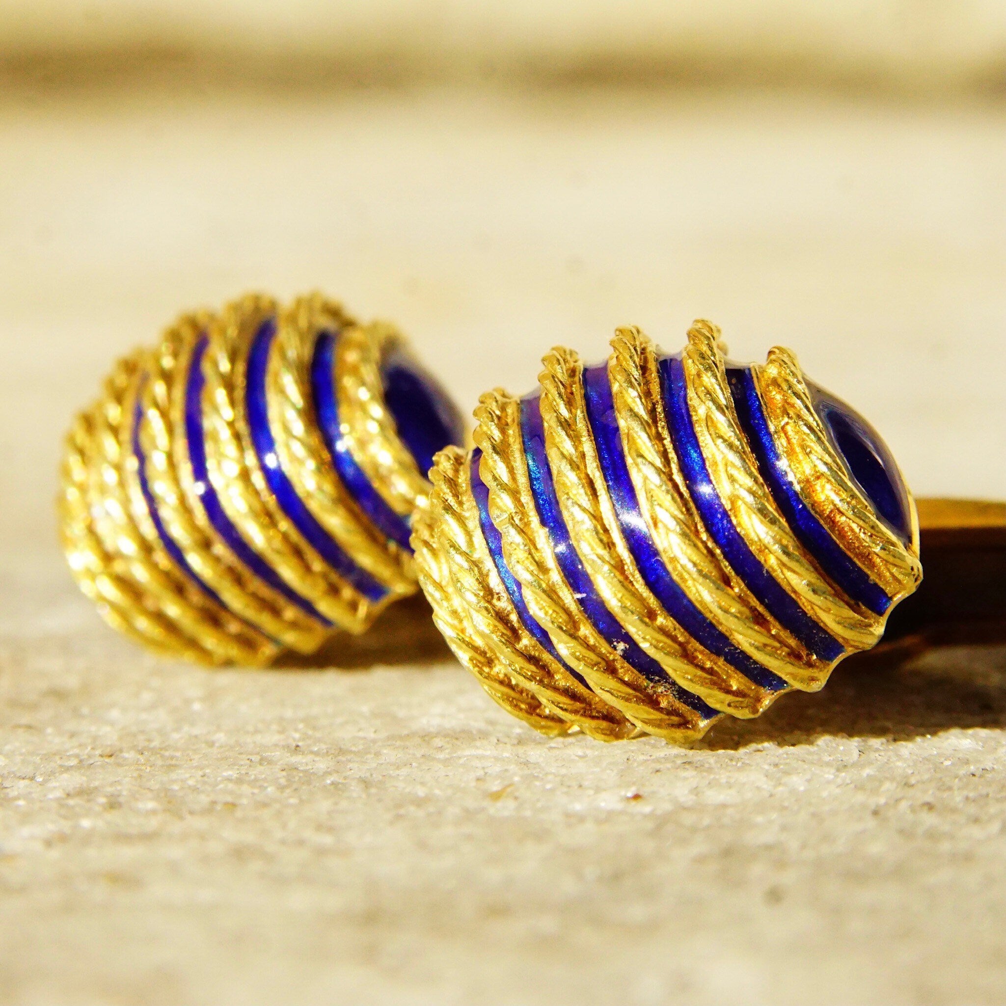 Vintage Cartier Style 18K Yellow Gold Blue Enamel Olive Cufflinks, Heavy Gold Cufflinks W/ Woven Details & Enameled Toggle, 22mm x 15mm
