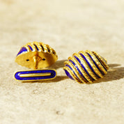 Vintage Cartier Style 18K Yellow Gold Blue Enamel Olive Cufflinks, Heavy Gold Cufflinks W/ Woven Details & Enameled Toggle, 22mm x 15mm