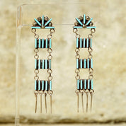Vintage Zuni Sterling Silver Needlepoint Turquoise Ladder Dangle Earrings, Handmade Chandelier Earrings, Native American Jewelry, 2 3/4 US