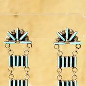 Vintage Zuni Sterling Silver Needlepoint Turquoise Ladder Dangle Earrings, Handmade Chandelier Earrings, Native American Jewelry, 2 3/4 US