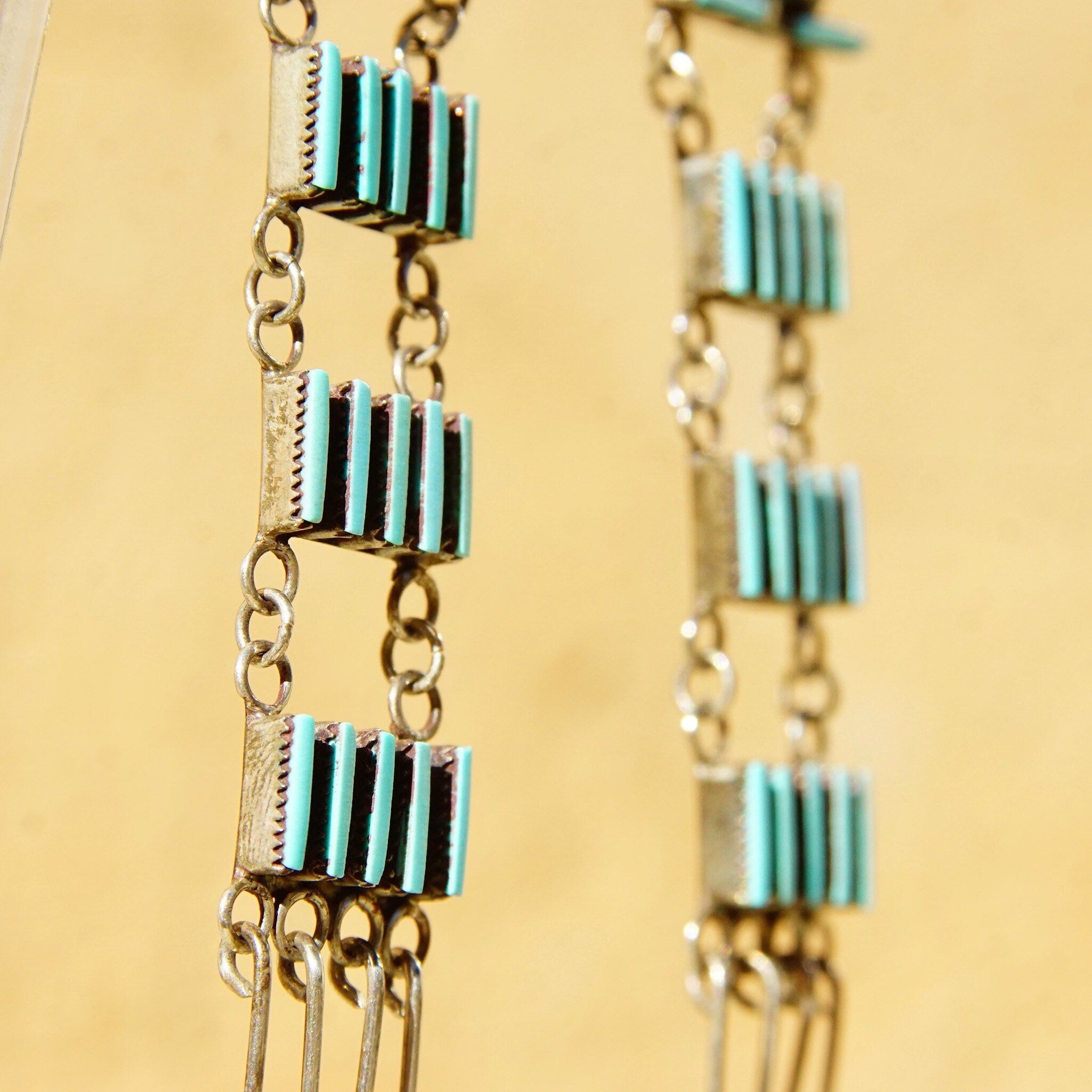 Vintage Zuni Sterling Silver Needlepoint Turquoise Ladder Dangle Earrings, Handmade Chandelier Earrings, Native American Jewelry, 2 3/4 US