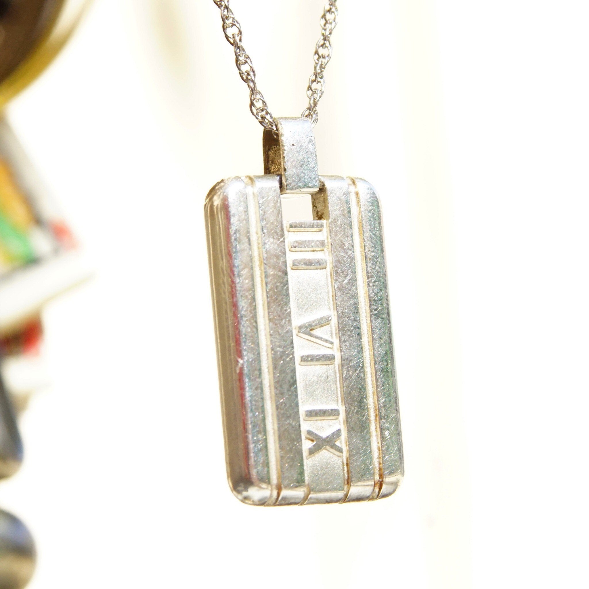 Retired 2003 Tiffany & Co. 925 Atlas Pendant, Solid Sterling Silver Dog Tag Style Pendant, Roman Numerals, NO CHAIN or BOX, 1 3/8" L