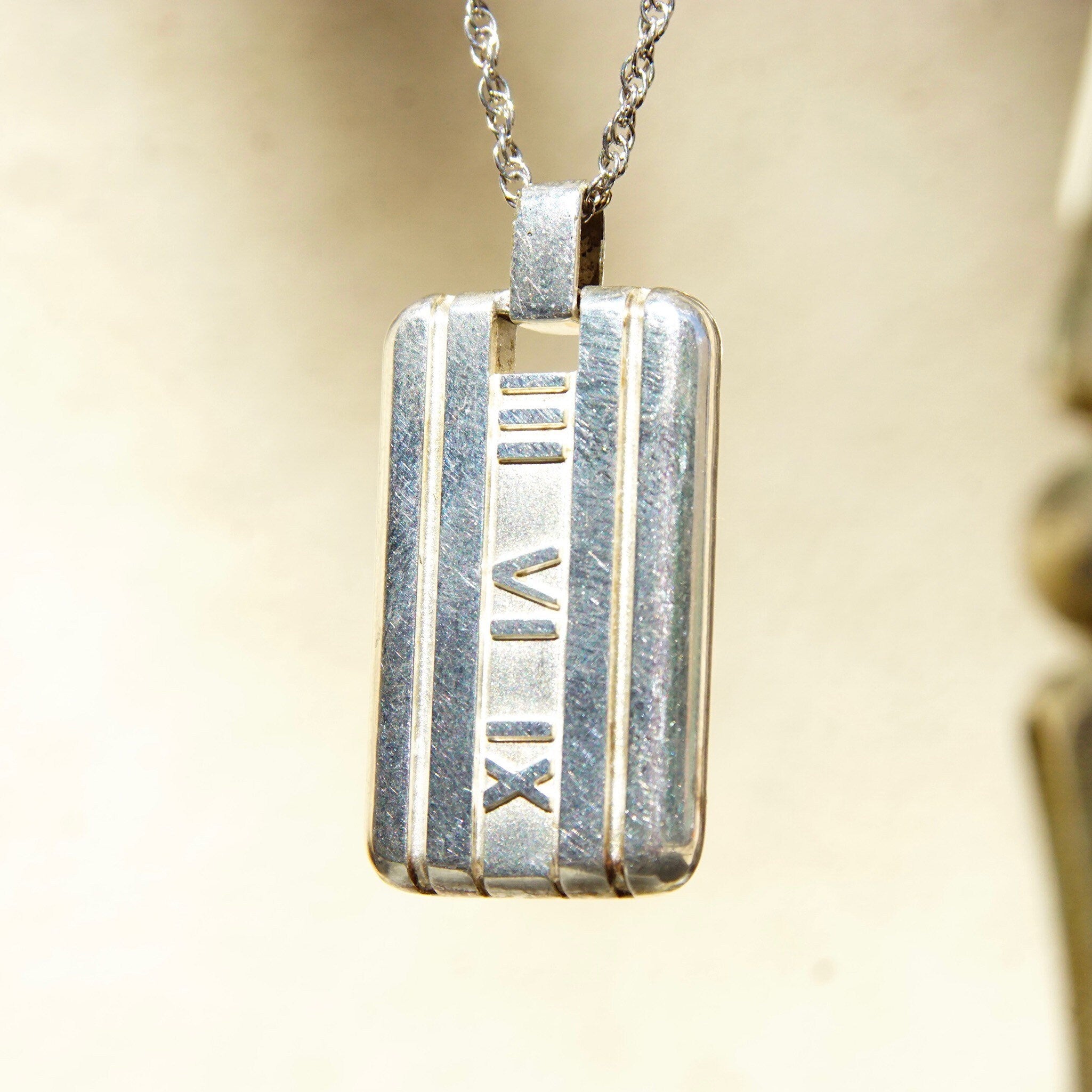 Retired 2003 Tiffany & Co. 925 Atlas Pendant, Solid Sterling Silver Dog Tag Style Pendant, Roman Numerals, NO CHAIN or BOX, 1 3/8" L