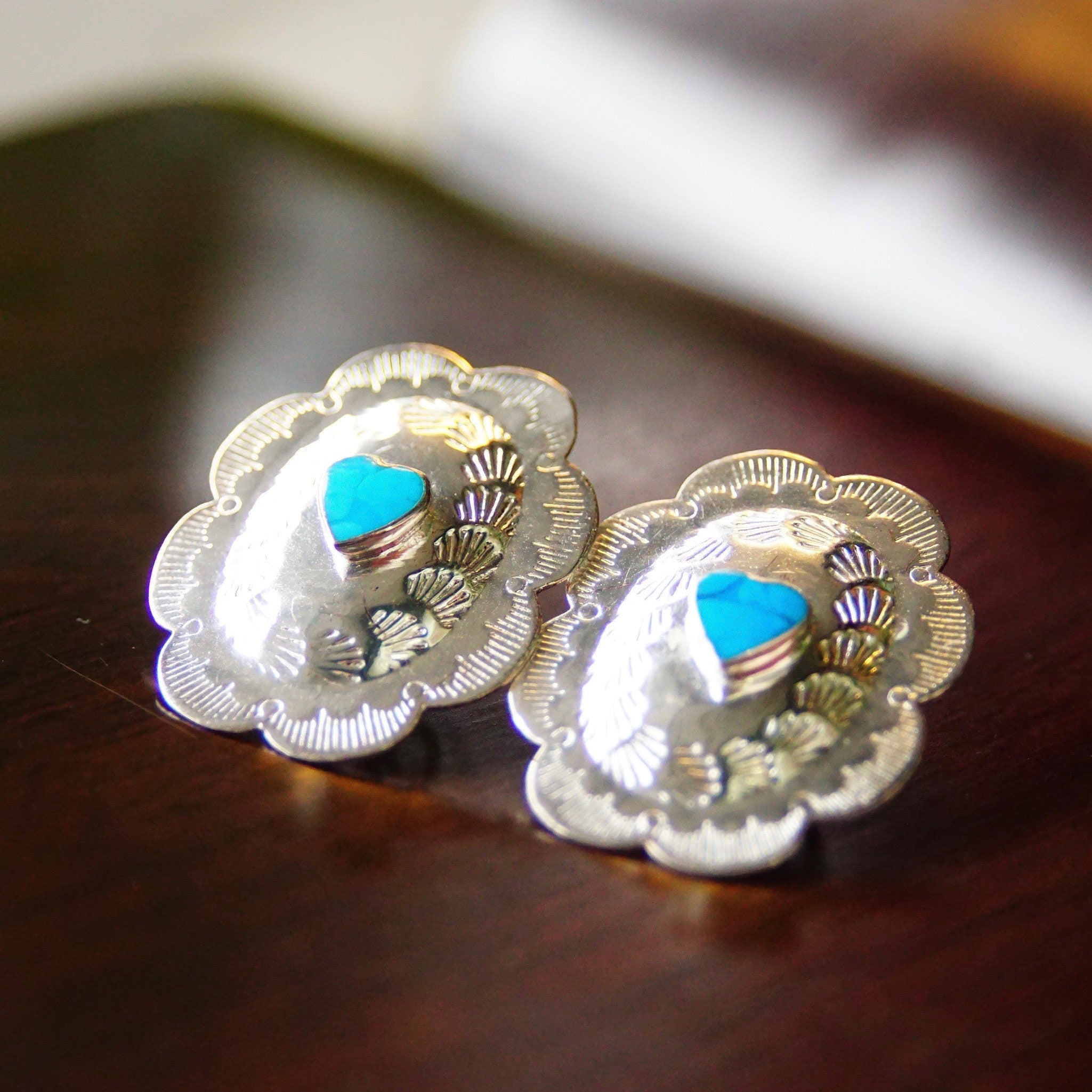 Vintage Native American Sterling Silver Turquoise Heart Concho Earrings, 925 NF, Hammered Silver Studs W/ Heart Shaped Gemstone, 1 3/8"