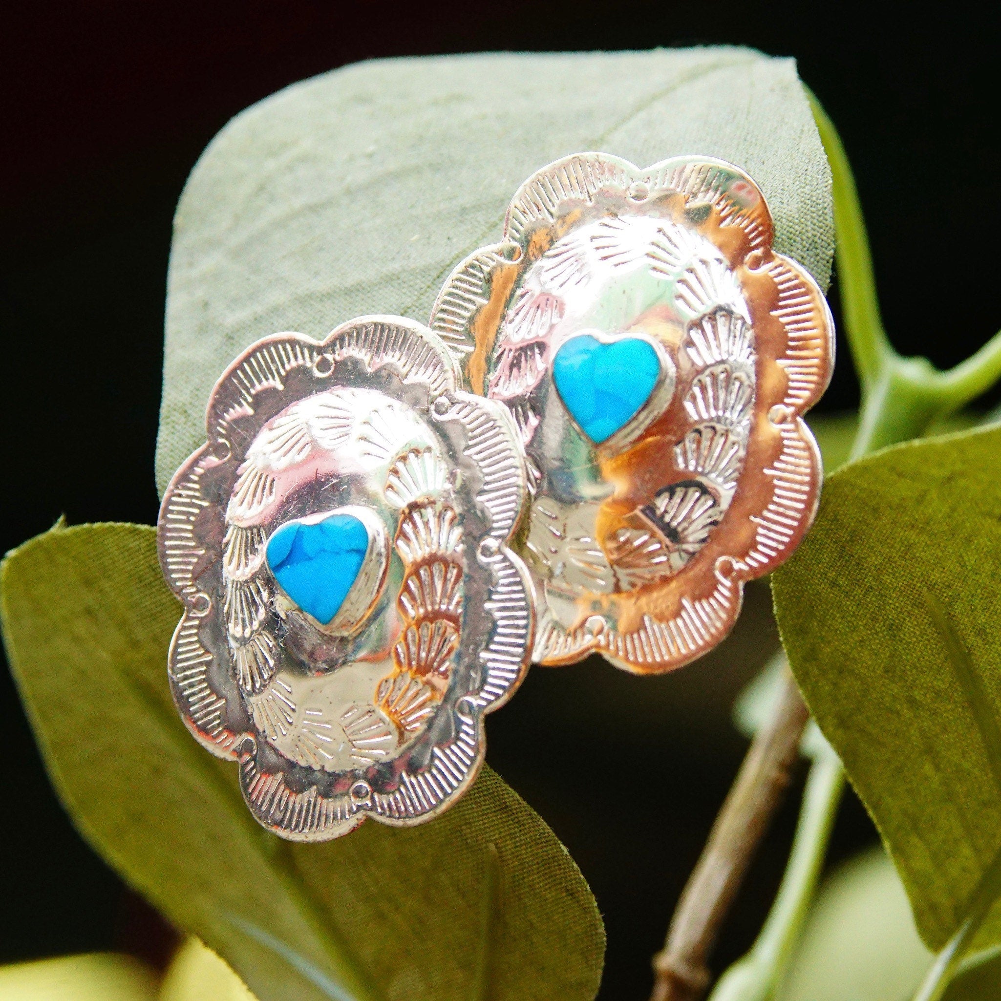 Vintage Native American Sterling Silver Turquoise Heart Concho Earrings, 925 NF, Hammered Silver Studs W/ Heart Shaped Gemstone, 1 3/8"