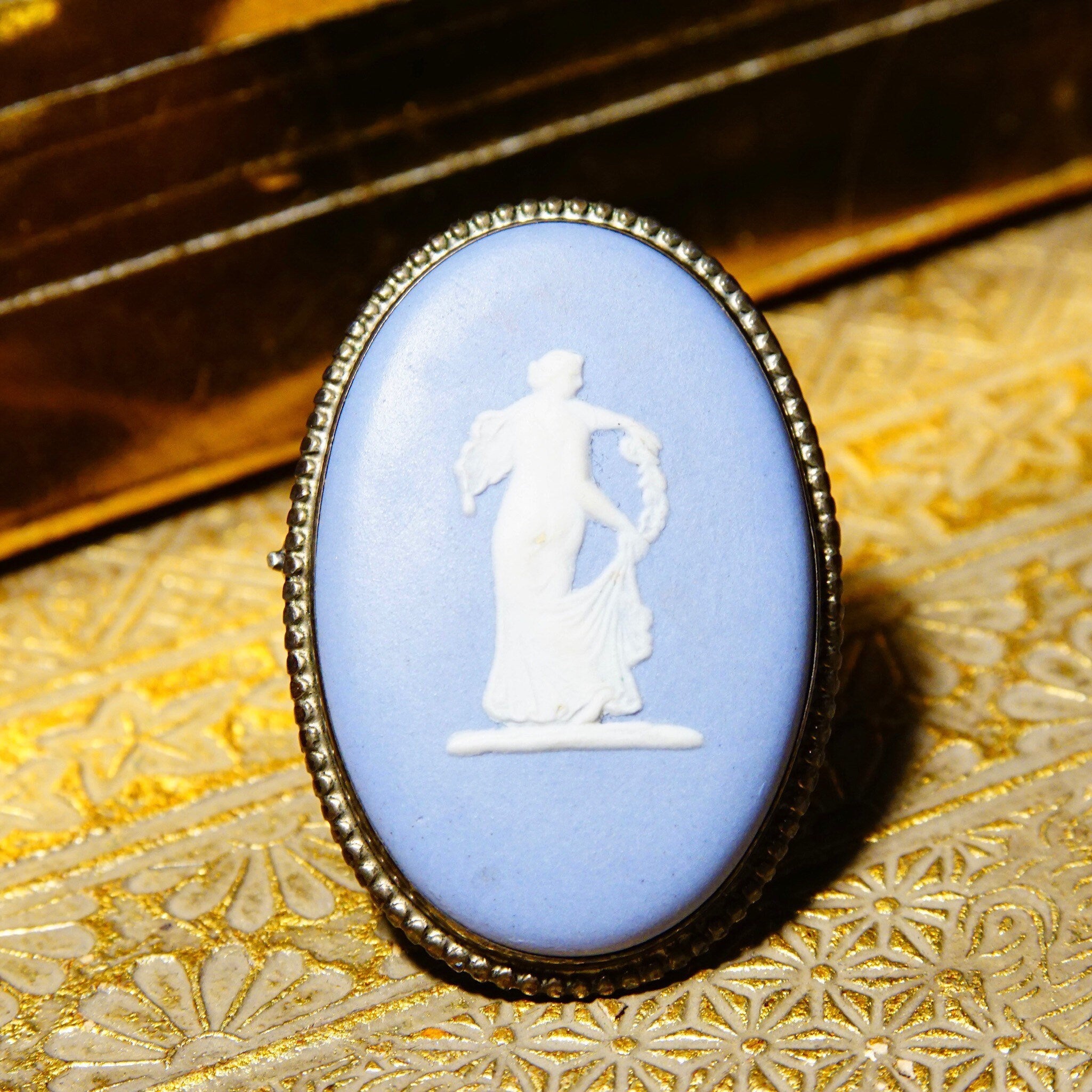 Vintage Wedgwood Blue Jasperware Sterling Silver Cameo Brooch P68, Winged Diaphanous Greek Goddess, Unglazed Stoneware, Made In England