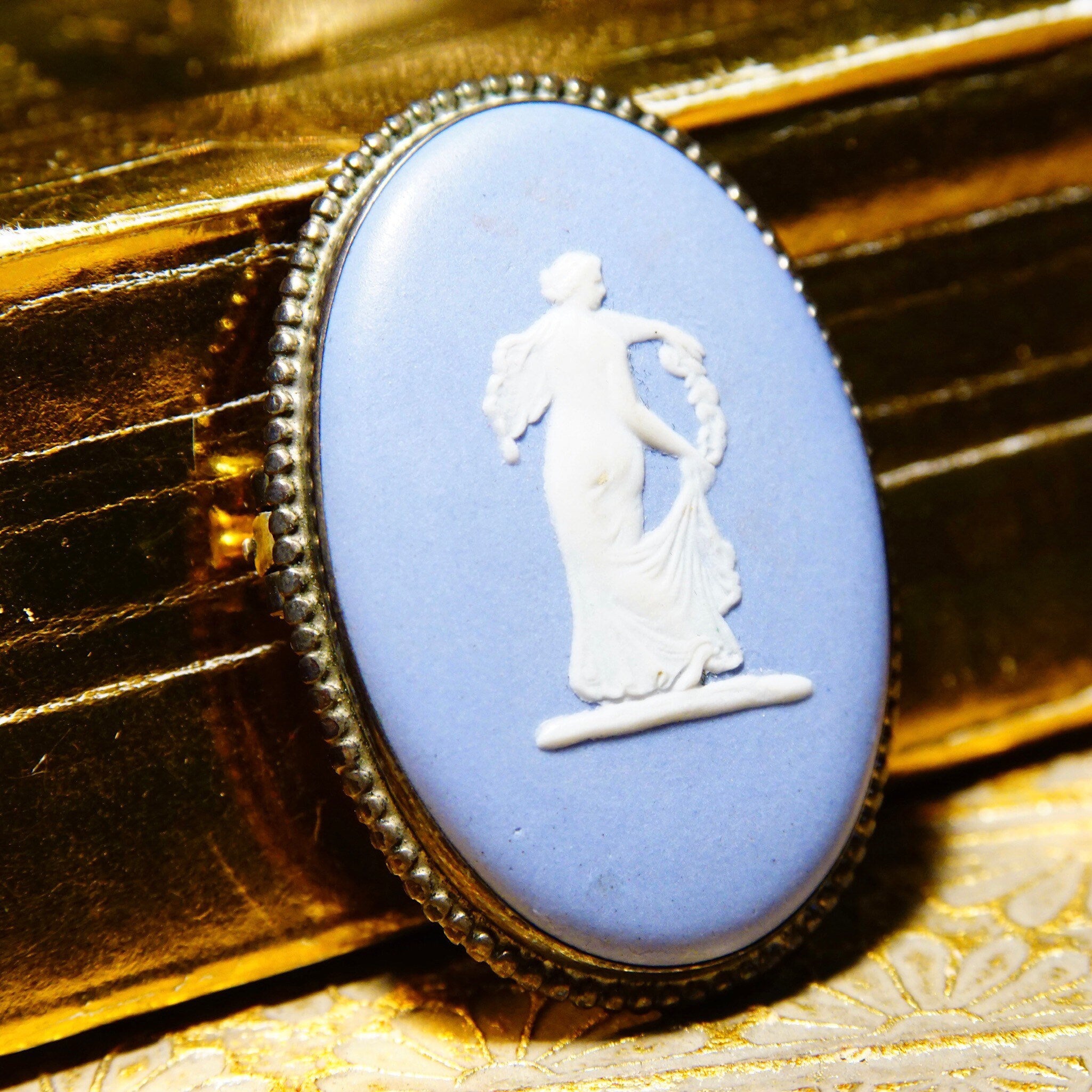 Vintage Wedgwood Blue Jasperware Sterling Silver Cameo Brooch P68, Winged Diaphanous Greek Goddess, Unglazed Stoneware, Made In England