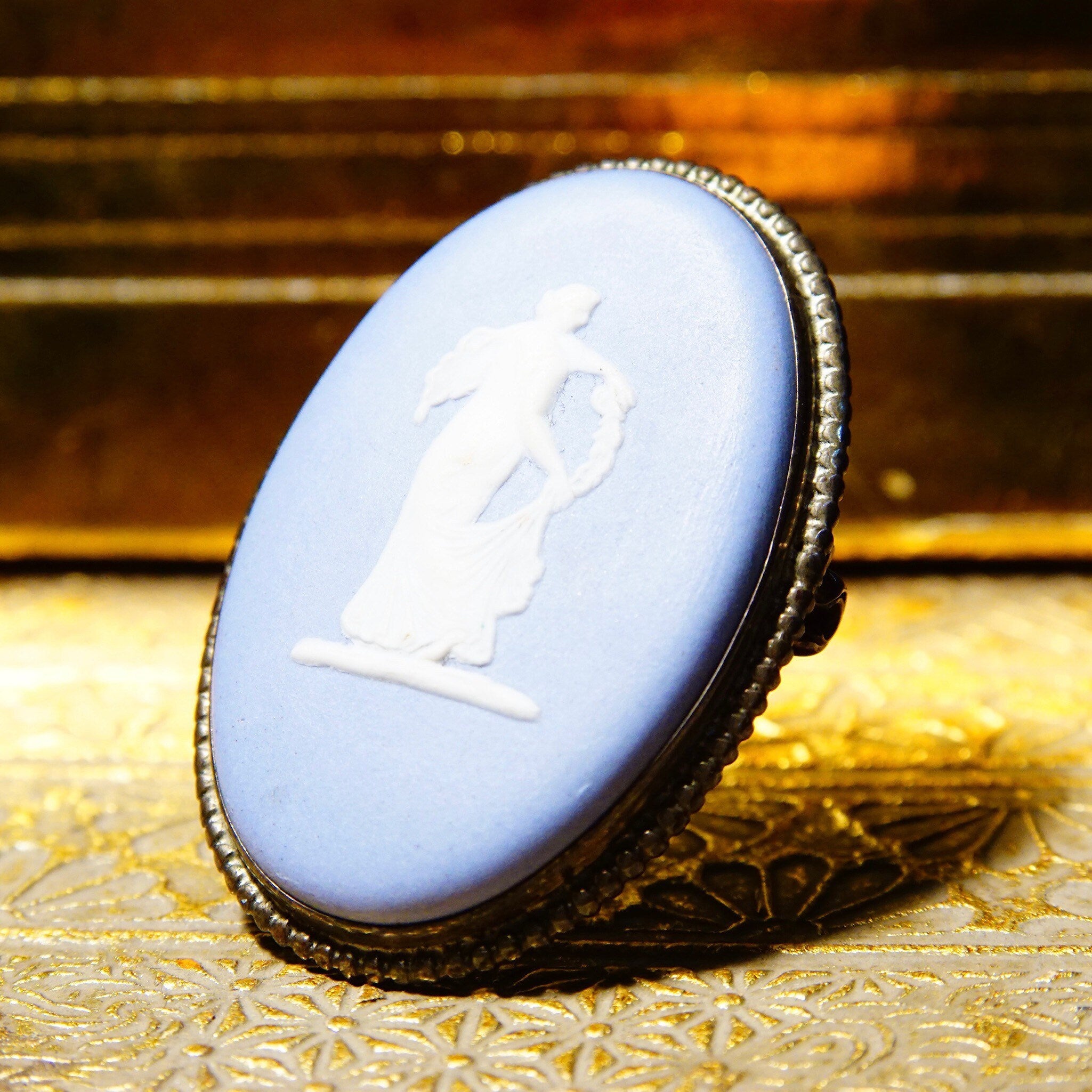 Vintage Wedgwood Blue Jasperware Sterling Silver Cameo Brooch P68, Winged Diaphanous Greek Goddess, Unglazed Stoneware, Made In England