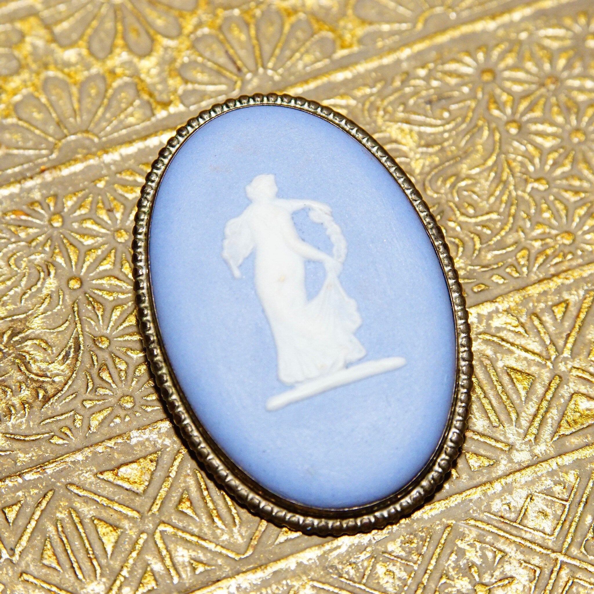 Vintage Wedgwood Blue Jasperware Sterling Silver Cameo Brooch P68, Winged Diaphanous Greek Goddess, Unglazed Stoneware, Made In England