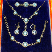 Vintage 14K Gold Aquamarine Pearl Seed Jewelry Set, Brilliant Blue Stones, Matching Y-Pendant Necklace Bracelet Screw Back Earrings & Brooch