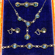 Vintage 14K Gold Aquamarine Pearl Seed Jewelry Set, Brilliant Blue Stones, Matching Y-Pendant Necklace Bracelet Screw Back Earrings & Brooch