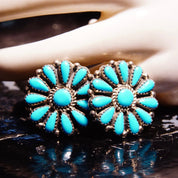 Vintage Zuni Native American Turquoise Sterling Silver Flower Cluster Earrings, Petite Point Turquoise In Jagged Bezel Setting, 2 1/8"