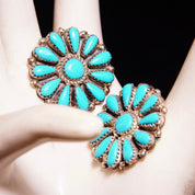 Vintage Zuni Native American Turquoise Sterling Silver Flower Cluster Earrings, Petite Point Turquoise In Jagged Bezel Setting, 2 1/8"