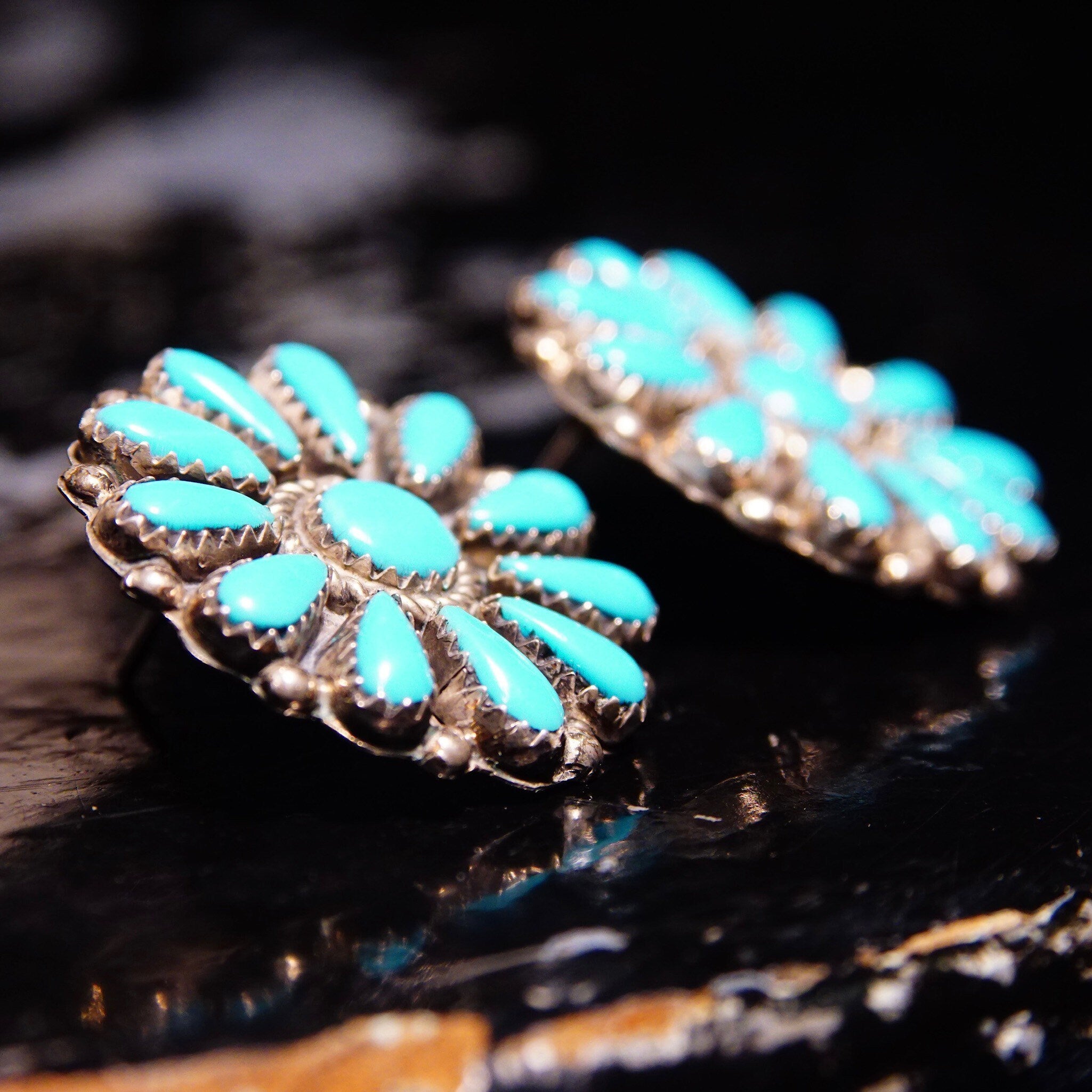 Vintage Zuni Native American Turquoise Sterling Silver Flower Cluster Earrings, Petite Point Turquoise In Jagged Bezel Setting, 2 1/8"