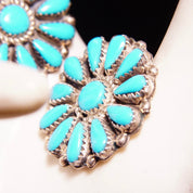 Vintage Zuni Native American Turquoise Sterling Silver Flower Cluster Earrings, Petite Point Turquoise In Jagged Bezel Setting, 2 1/8"