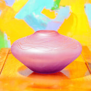 Vintage Signed Decorative Purple/Pink Frosted Glass Bud Vase, Art Nouveau Style, Short & Wide, Round Centerpiece Vase, 5" H x 8 3/4" W