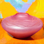 Vintage Signed Decorative Purple/Pink Frosted Glass Bud Vase, Art Nouveau Style, Short & Wide, Round Centerpiece Vase, 5" H x 8 3/4" W