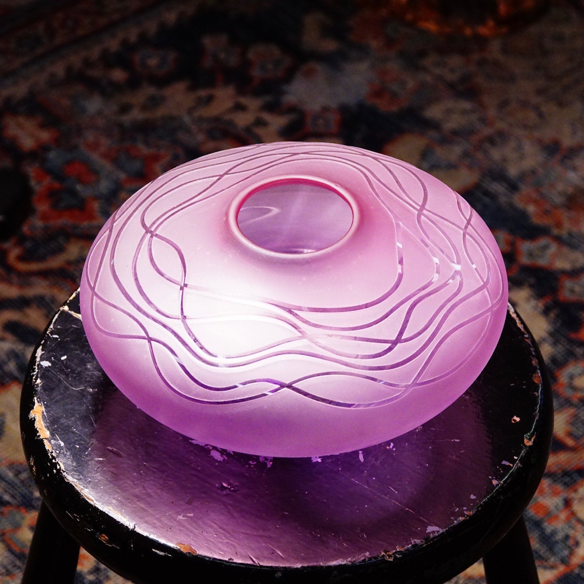 Vintage Signed Decorative Purple/Pink Frosted Glass Bud Vase, Art Nouveau Style, Short & Wide, Round Centerpiece Vase, 5" H x 8 3/4" W