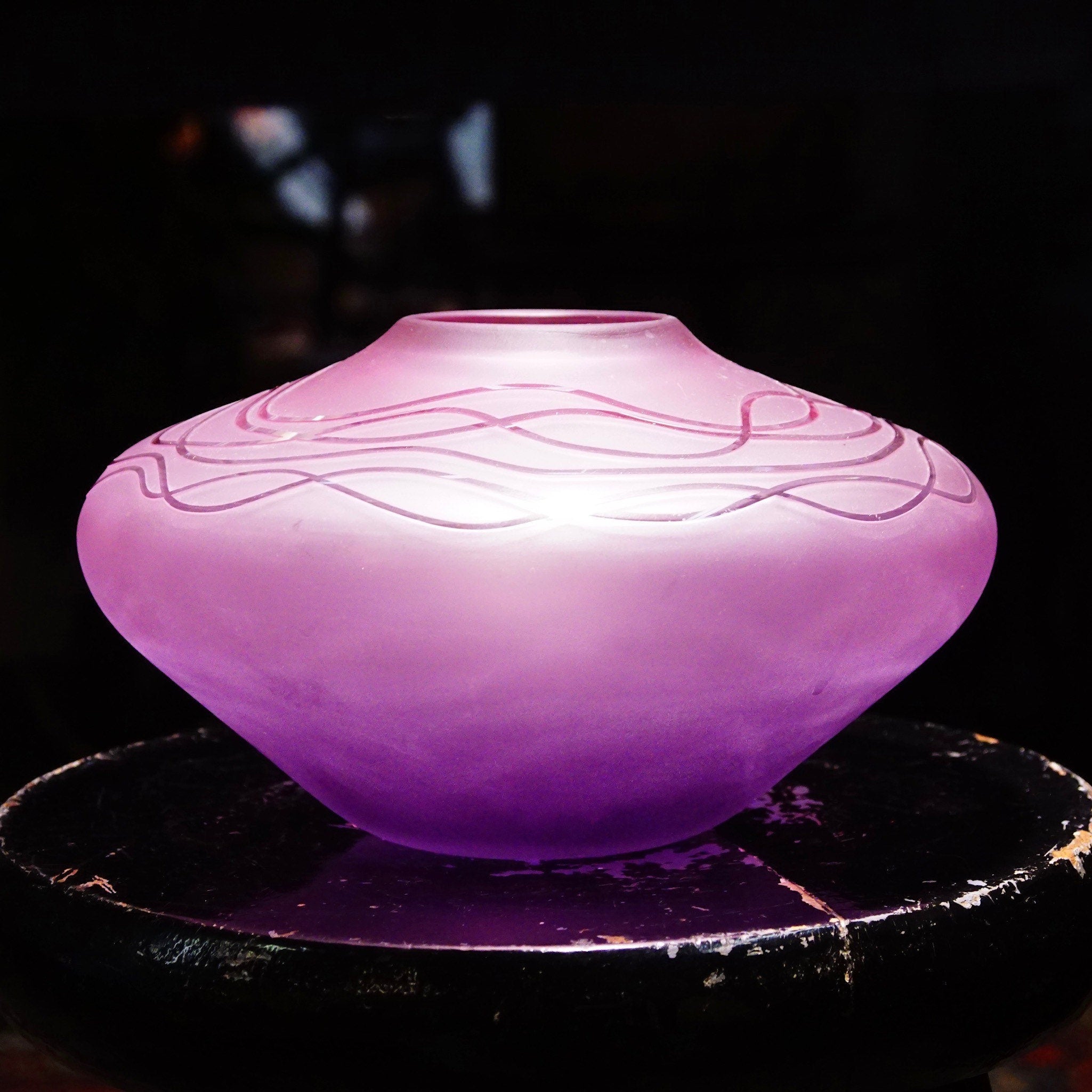 Vintage Signed Decorative Purple/Pink Frosted Glass Bud Vase, Art Nouveau Style, Short & Wide, Round Centerpiece Vase, 5" H x 8 3/4" W