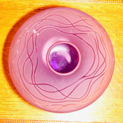 Vintage Signed Decorative Purple/Pink Frosted Glass Bud Vase, Art Nouveau Style, Short & Wide, Round Centerpiece Vase, 5" H x 8 3/4" W