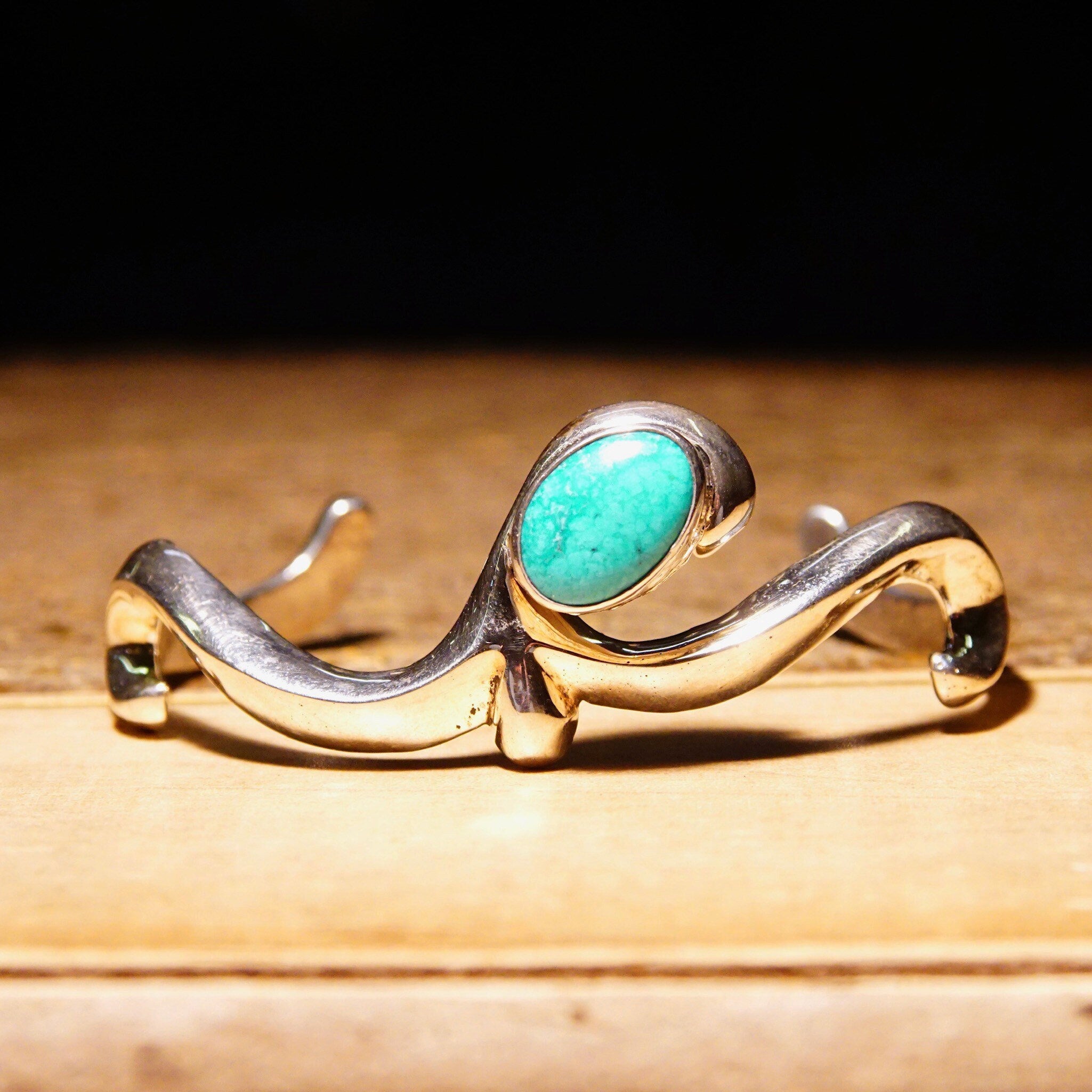 Vintage Sand Cast Sterling Silver Turquoise Cuff Bracelet, Elegant Silver Scroll Cuff With Accent Turquoise Setting, Marked Sterling F