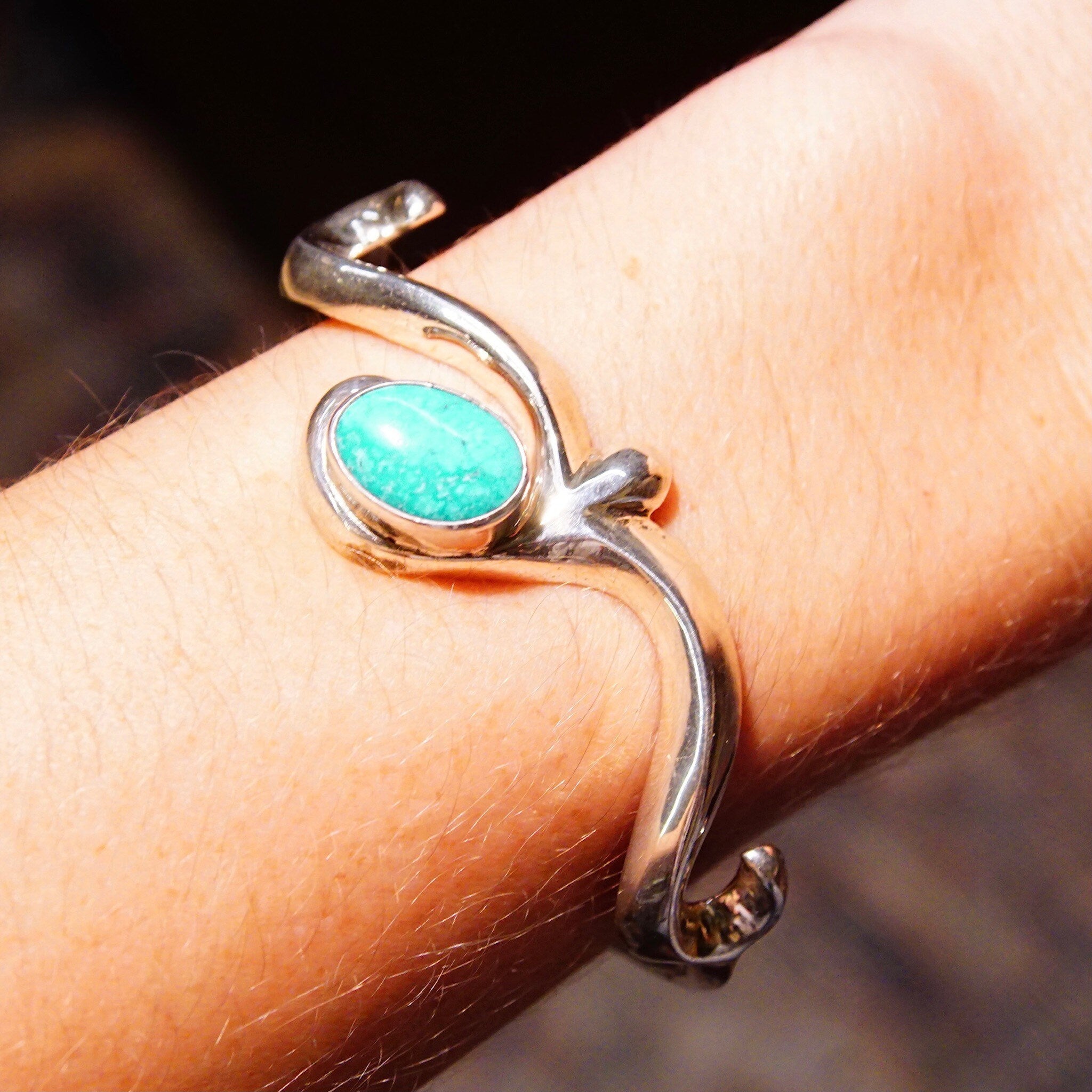 Vintage Sand Cast Sterling Silver Turquoise Cuff Bracelet, Elegant Silver Scroll Cuff With Accent Turquoise Setting, Marked Sterling F