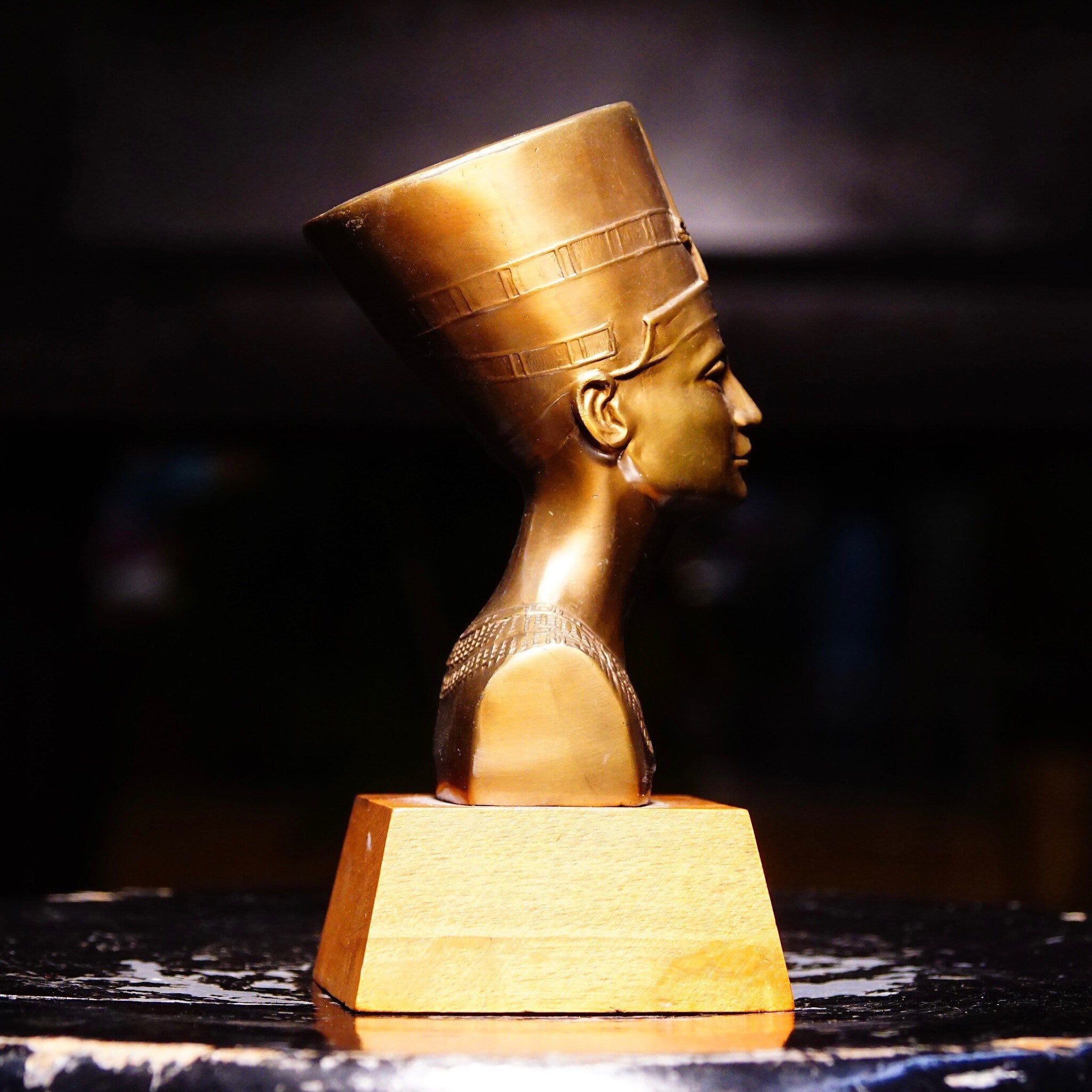 Vintage Egyptian Nefertiti Lacquered Brass Bust On Wood Base, Miniature Brass Figure Statue, Decorative Egyptian Tabletop Ornament, 5 1/2" H