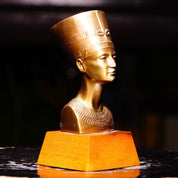 Vintage Egyptian Nefertiti Lacquered Brass Bust On Wood Base, Miniature Brass Figure Statue, Decorative Egyptian Tabletop Ornament, 5 1/2" H