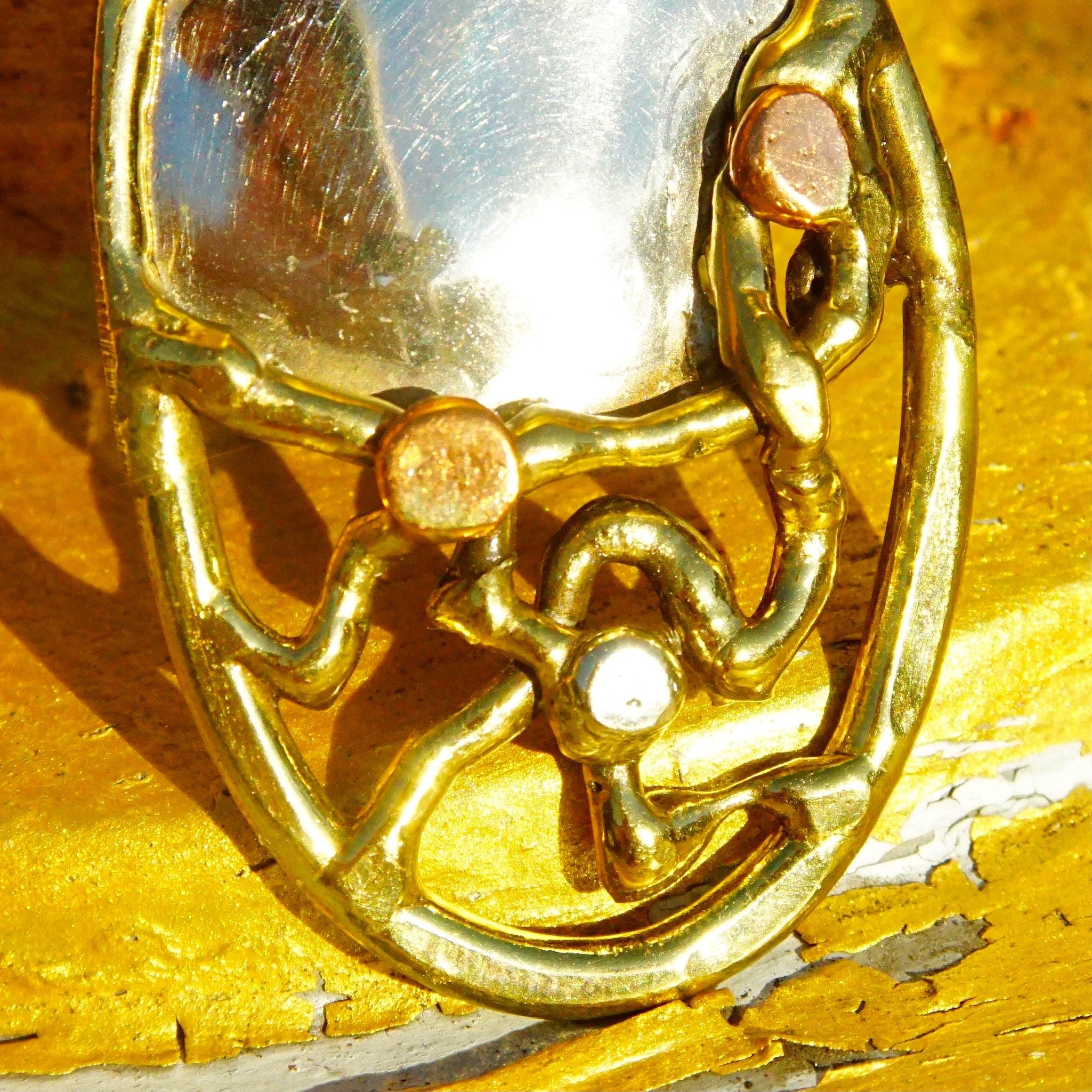 Vintage Brutalist Liquid Metal Brooch Pin, Artisan 3-Tone Silver Gold & Copper Brooch, Modernist, Hallmarked DRATE, Made In Spain, 2 1/8" L