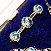Vintage 14K Gold Aquamarine Pearl Seed Jewelry Set, Brilliant Blue Stones, Matching Y-Pendant Necklace Bracelet Screw Back Earrings & Brooch