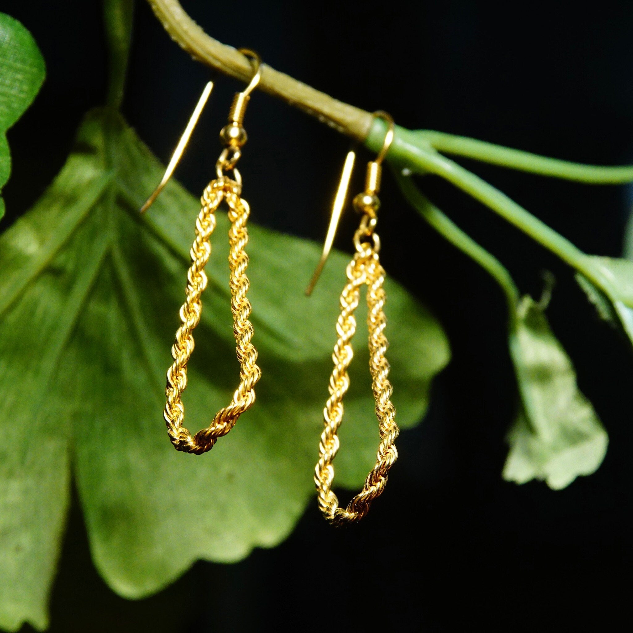 Vintage Gold Plated Rope Chain Dangle Earrings, Yellow Gold Loose Hoop Earrings, French Hooks, 2mm Gold Rope Chain Earrings, 2 1/4" L