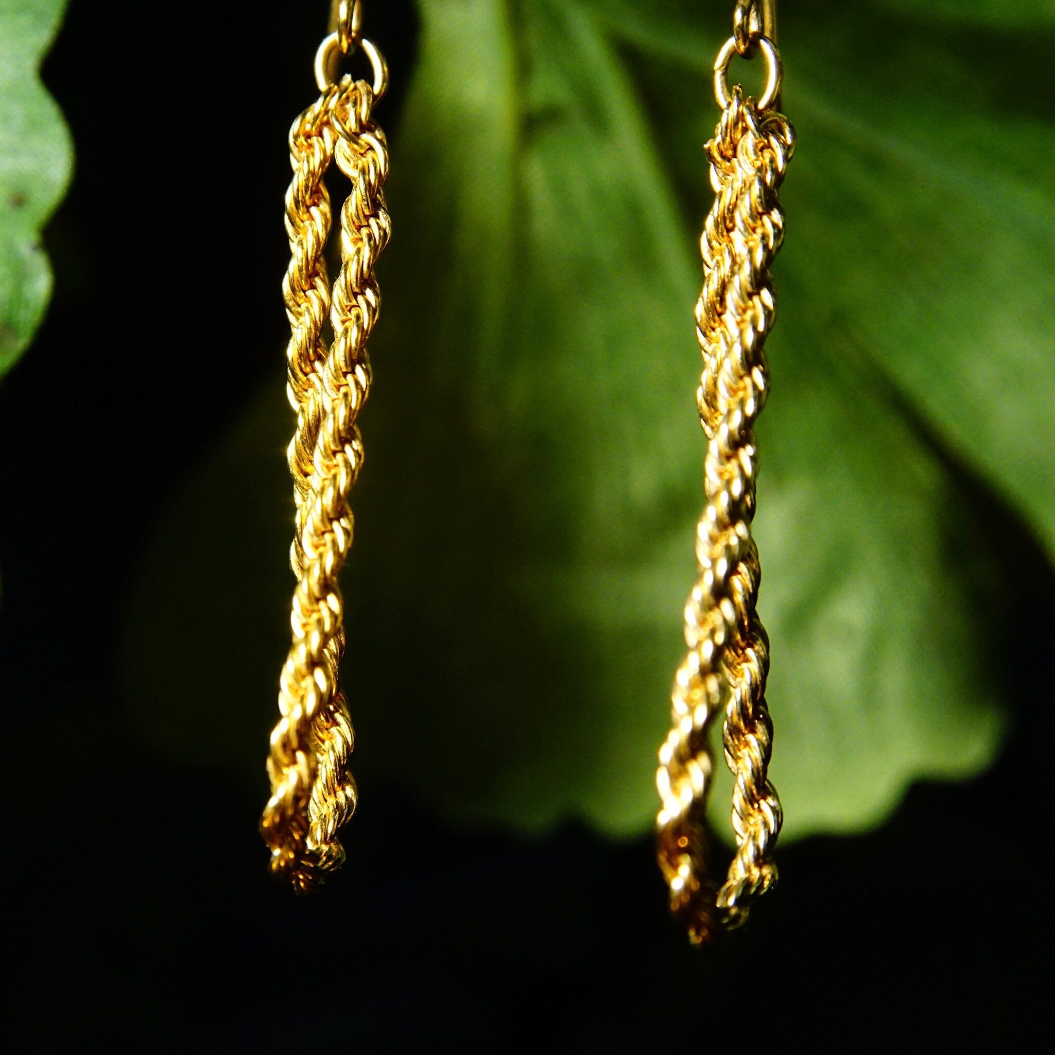 Vintage Gold Plated Rope Chain Dangle Earrings, Yellow Gold Loose Hoop Earrings, French Hooks, 2mm Gold Rope Chain Earrings, 2 1/4" L