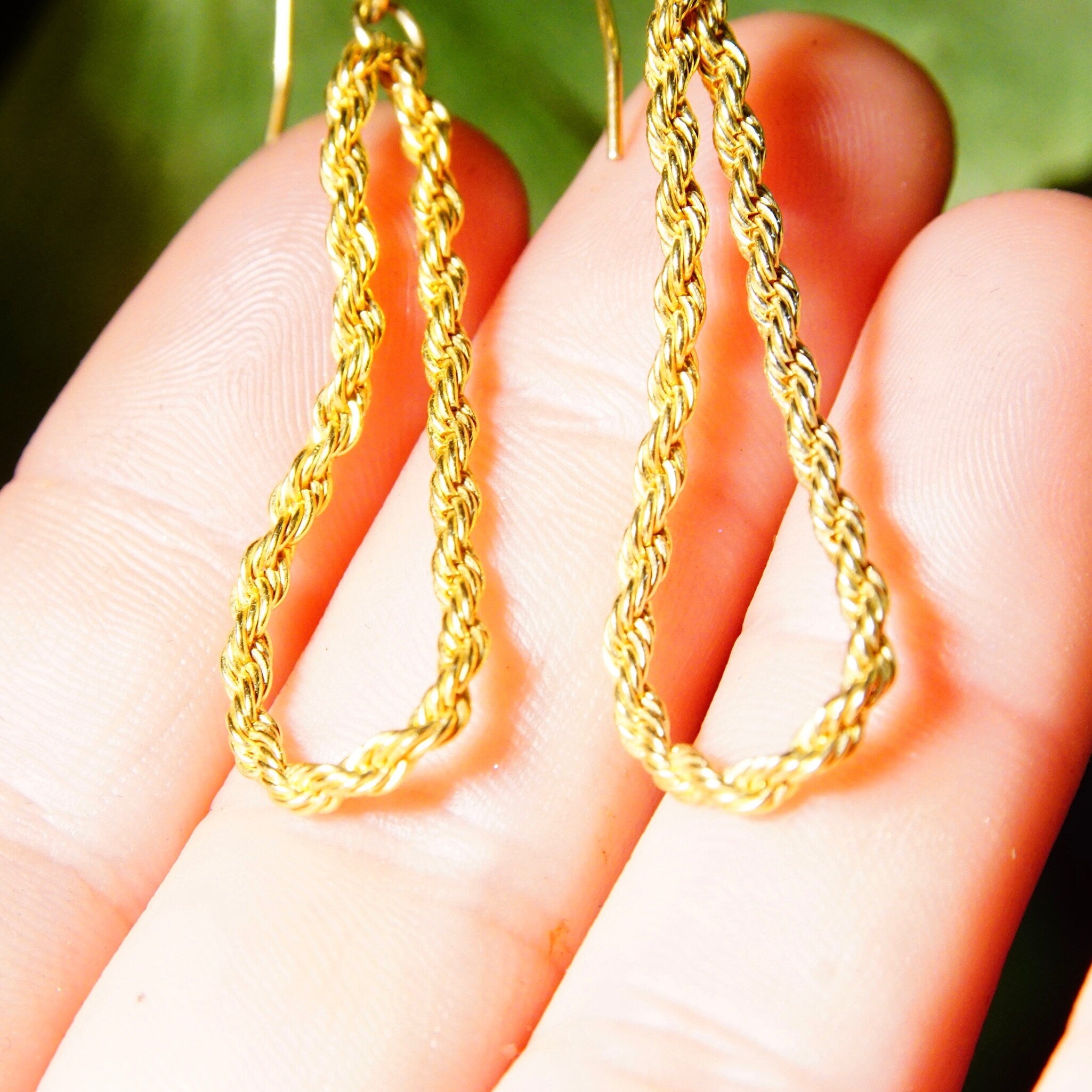 Vintage Gold Plated Rope Chain Dangle Earrings, Yellow Gold Loose Hoop Earrings, French Hooks, 2mm Gold Rope Chain Earrings, 2 1/4" L