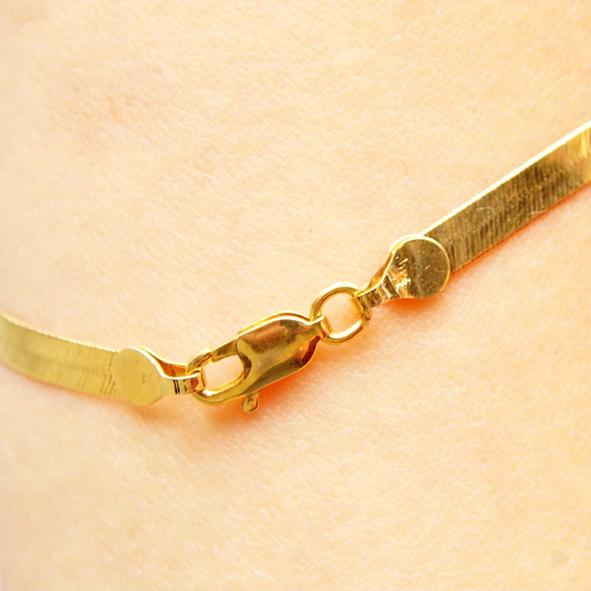 Vintage 14K Yellow Gold Herringbone Bracelet, 4mm Flat Herringbone Chain, Minimalist Solid Gold Bracelet, Unisex, 585 Jewelry, 7 1/8 Long