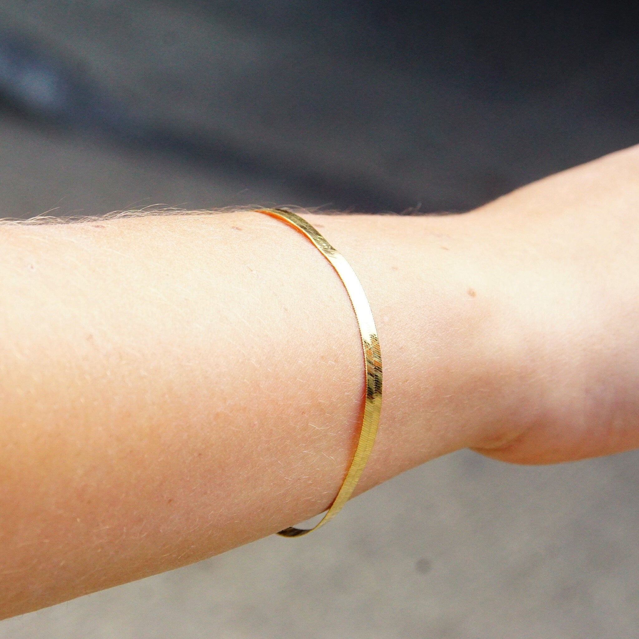 Vintage 14K Yellow Gold Herringbone Bracelet, 4mm Flat Herringbone Chain, Minimalist Solid Gold Bracelet, Unisex, 585 Jewelry, 7 1/8 Long