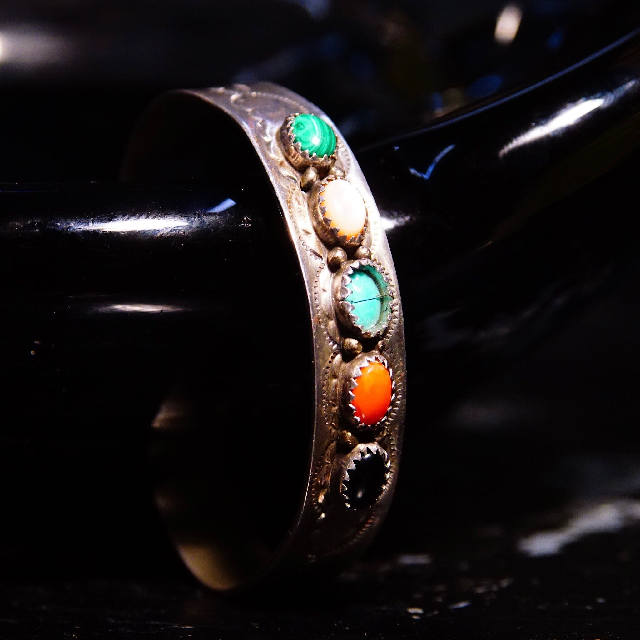 Vintage Signed S. Skeets Navajo Multi-Stone Hammered Sterling Silver Cuff , Malachite, Mother Of Pearl, Turquoise, Jasper & Onyx, 5 1/2" L