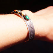 Vintage Signed S. Skeets Navajo Multi-Stone Hammered Sterling Silver Cuff , Malachite, Mother Of Pearl, Turquoise, Jasper & Onyx, 5 1/2" L