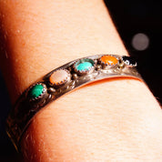 Vintage Signed S. Skeets Navajo Multi-Stone Hammered Sterling Silver Cuff , Malachite, Mother Of Pearl, Turquoise, Jasper & Onyx, 5 1/2" L