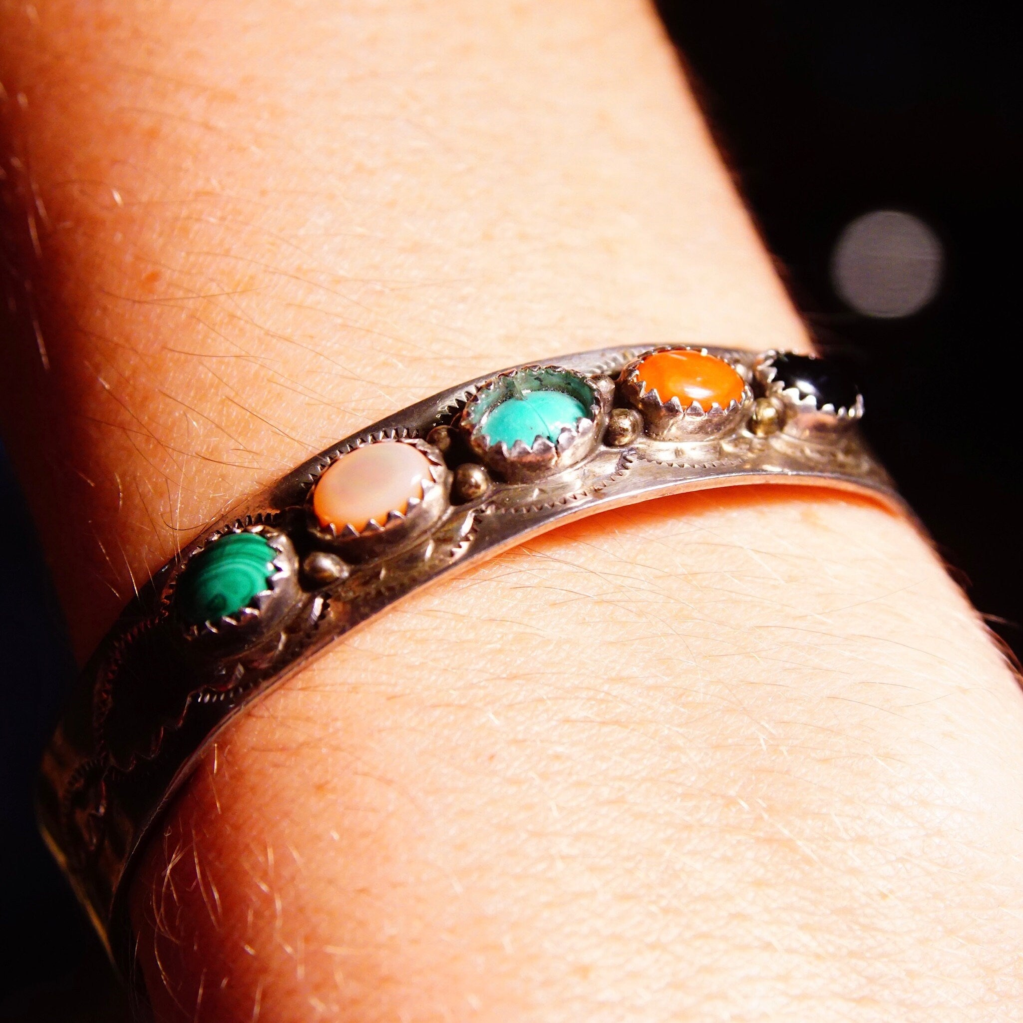 Vintage Signed S. Skeets Navajo Multi-Stone Hammered Sterling Silver Cuff , Malachite, Mother Of Pearl, Turquoise, Jasper & Onyx, 5 1/2" L