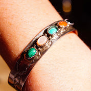 Vintage Signed S. Skeets Navajo Multi-Stone Hammered Sterling Silver Cuff , Malachite, Mother Of Pearl, Turquoise, Jasper & Onyx, 5 1/2" L