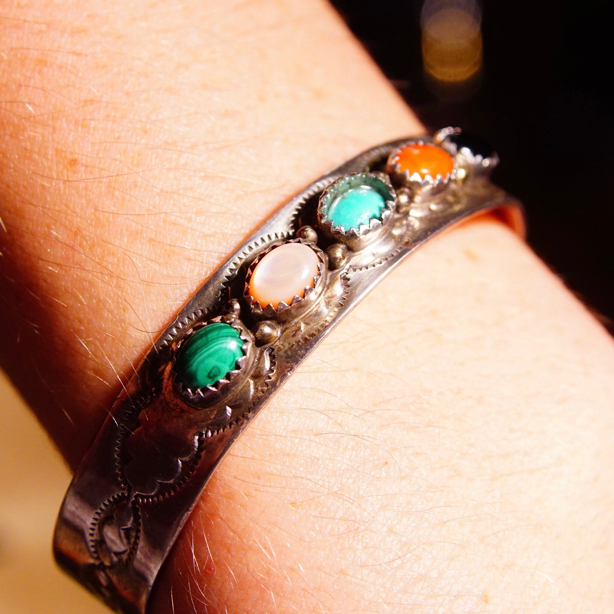 Vintage Signed S. Skeets Navajo Multi-Stone Hammered Sterling Silver Cuff , Malachite, Mother Of Pearl, Turquoise, Jasper & Onyx, 5 1/2" L