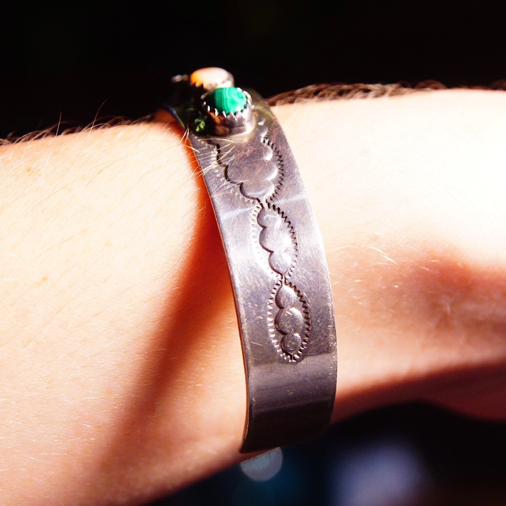 Vintage Signed S. Skeets Navajo Multi-Stone Hammered Sterling Silver Cuff , Malachite, Mother Of Pearl, Turquoise, Jasper & Onyx, 5 1/2" L
