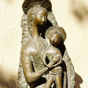 Vintage Signed Toni Furlan Mother Mary & Baby Jesus Bronze Sculpture, Italian Abstract Modernist Stylized Religious Statue, 36" H