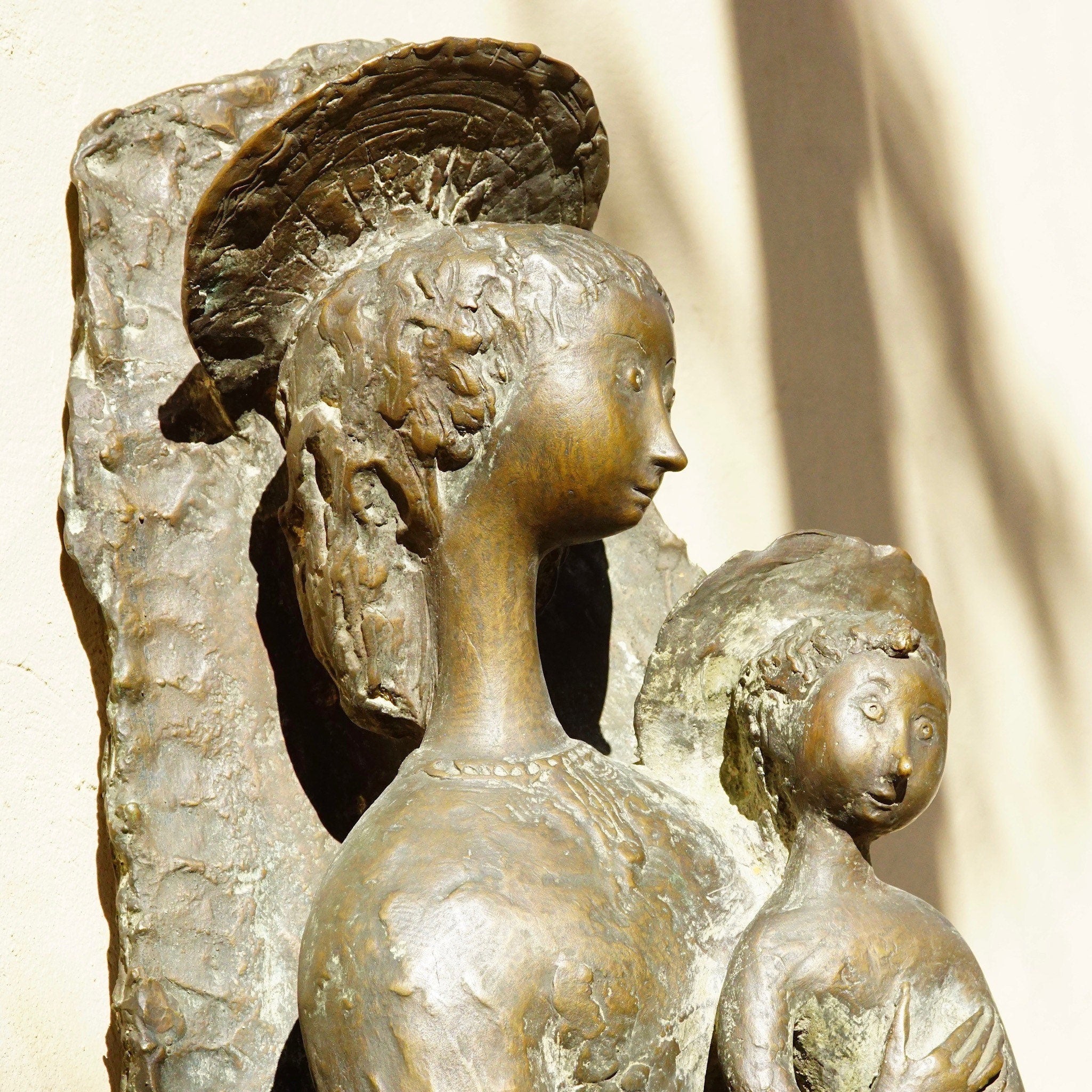 Vintage Signed Toni Furlan Mother Mary & Baby Jesus Bronze Sculpture, Italian Abstract Modernist Stylized Religious Statue, 36" H