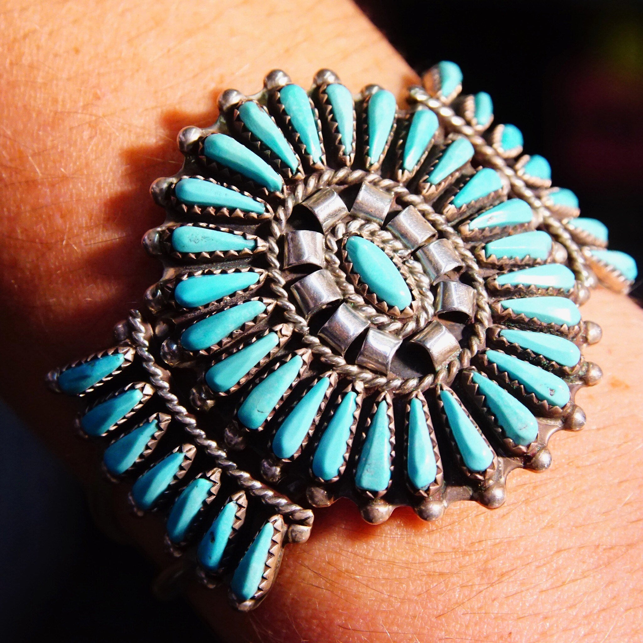 Vintage Zuni Native American Sterling Silver Needlepoint Turquoise Cuff, Signed JHN, Silver Cuff Adorned W/ 41 Turquoise Stones, 5 1/2" L