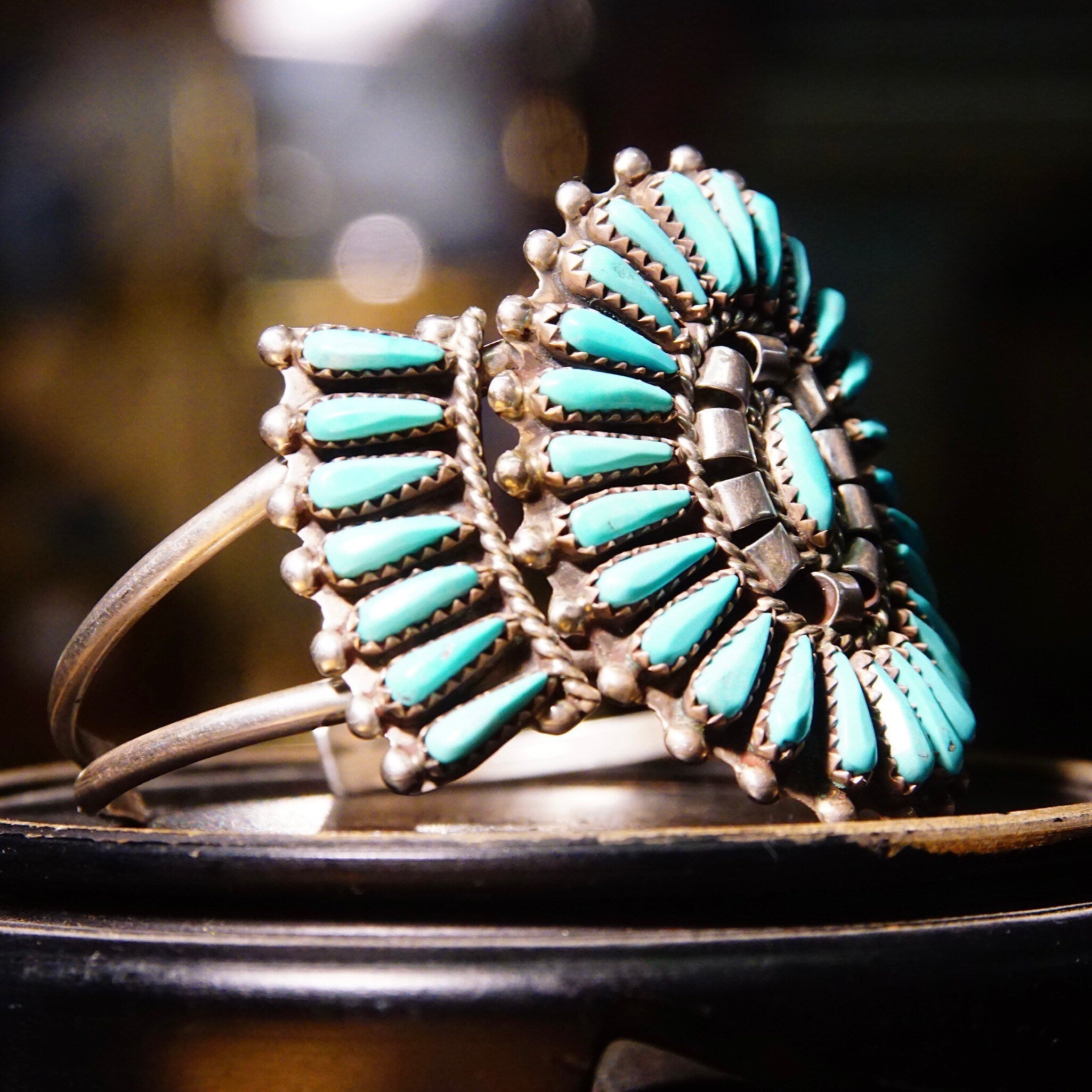 Vintage Zuni Native American Sterling Silver Needlepoint Turquoise Cuff, Signed JHN, Silver Cuff Adorned W/ 41 Turquoise Stones, 5 1/2" L
