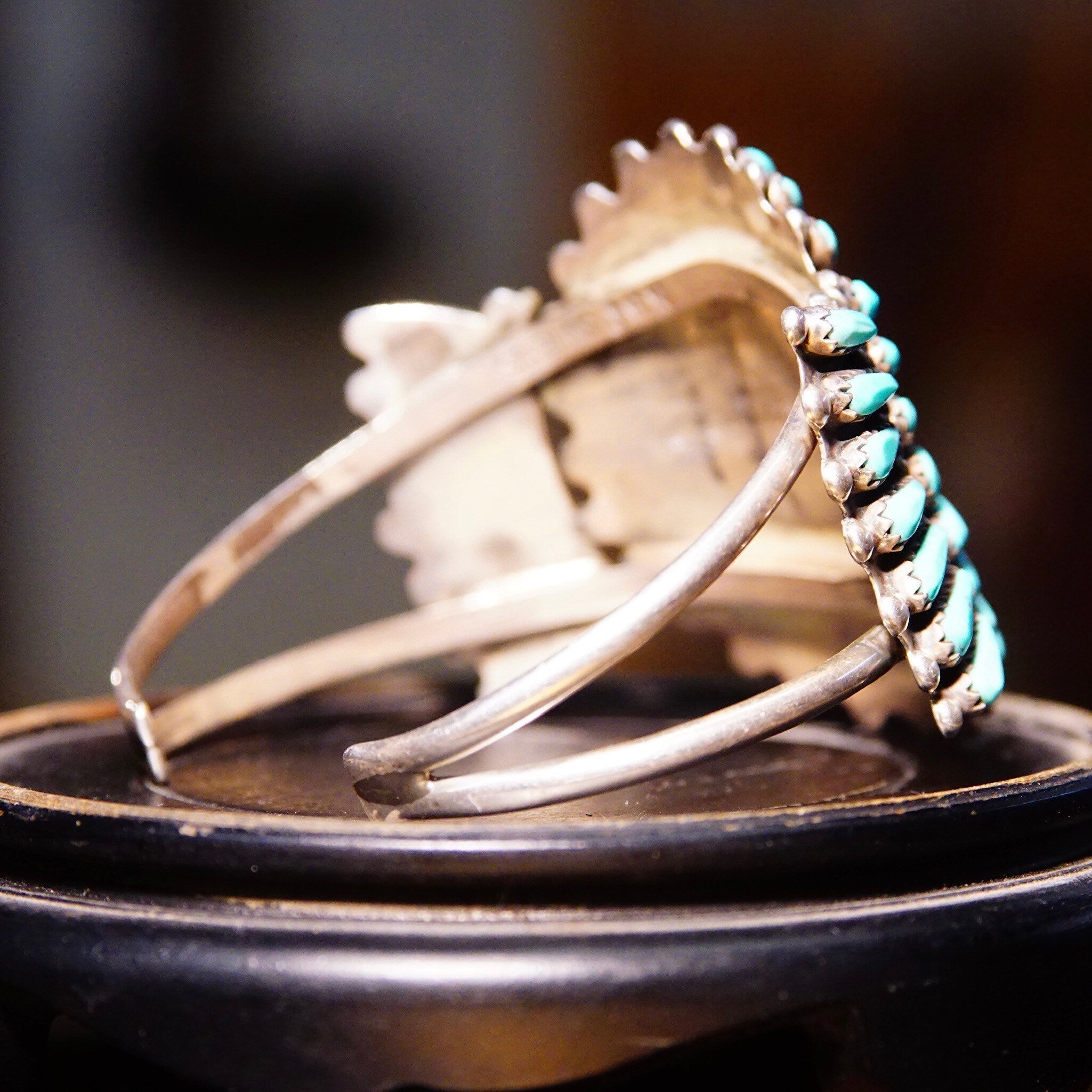 Vintage Zuni Native American Sterling Silver Needlepoint Turquoise Cuff, Signed JHN, Silver Cuff Adorned W/ 41 Turquoise Stones, 5 1/2" L