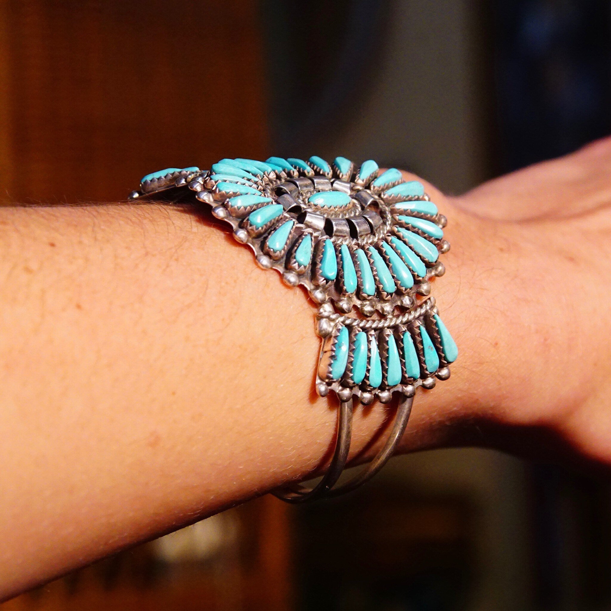 Vintage Zuni Native American Sterling Silver Needlepoint Turquoise Cuff, Signed JHN, Silver Cuff Adorned W/ 41 Turquoise Stones, 5 1/2" L