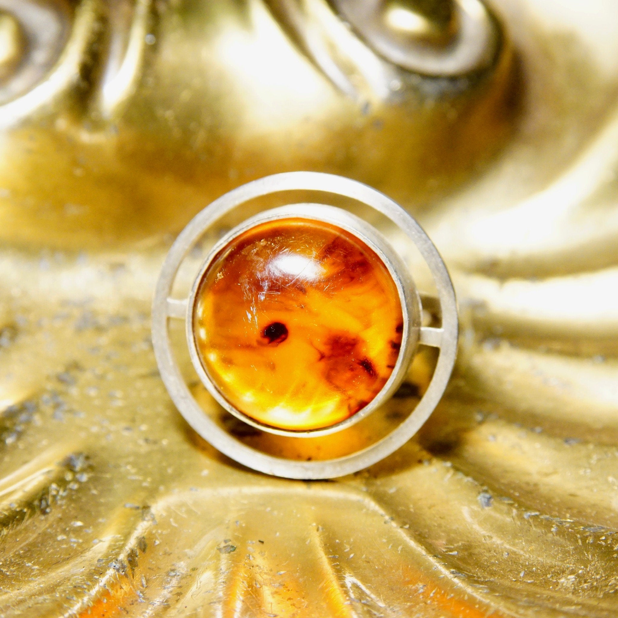 Vintage Modernist Sterling Silver Amber Halo Ring, Double Wire Band, One Of One Custom Made Ring, Experimental Jewelry, Size 9 3/4 US