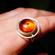 Vintage Modernist Sterling Silver Amber Halo Ring, Double Wire Band, One Of One Custom Made Ring, Experimental Jewelry, Size 9 3/4 US